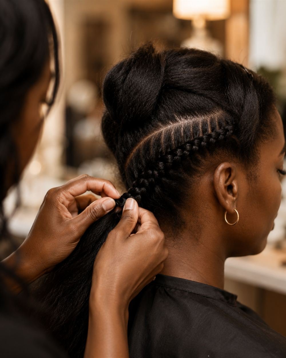 A stylist braiding a client's hair