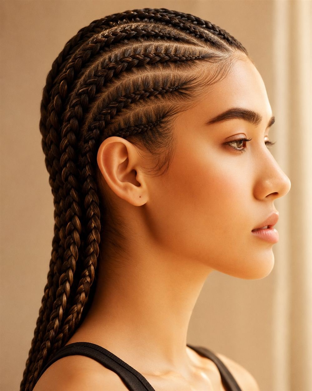 Neat cornrows braided back into long braids